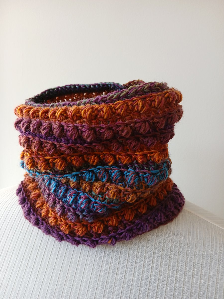 Hand crocheted multicoloured ombre cowl