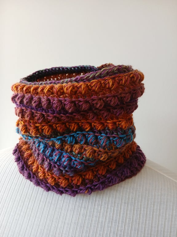 Hand crocheted multicoloured ombre cowl