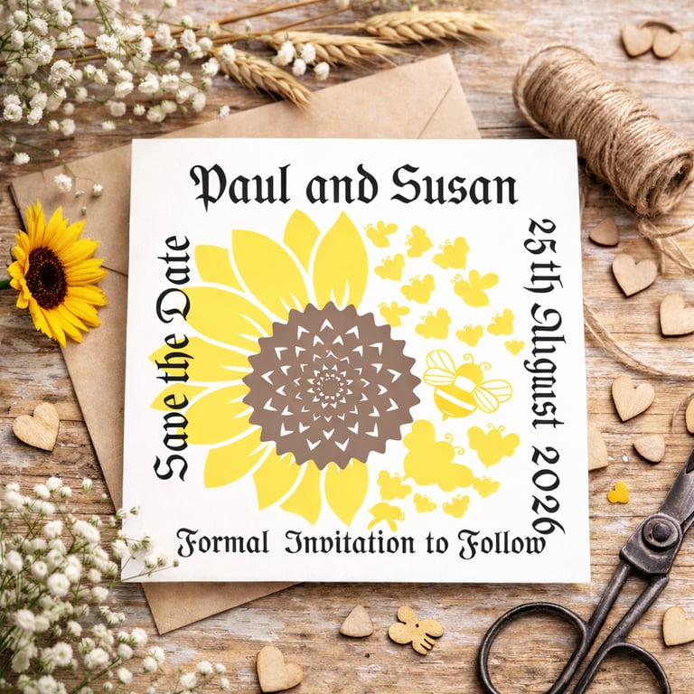 Sunflower Save the Date Card Rustic Wedding Stationery with Bees