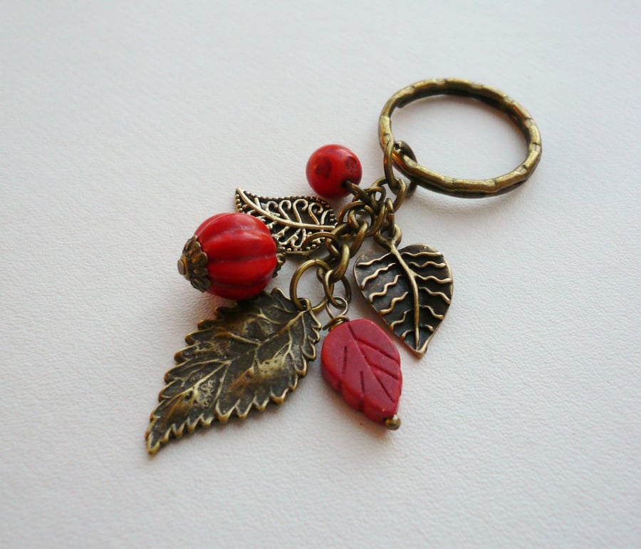 Antique Bronze Leaf and Orange Howlite Keyring  KCJ899