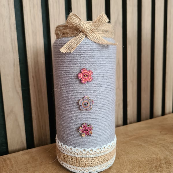 Light grey yarn and jute wrapped vase