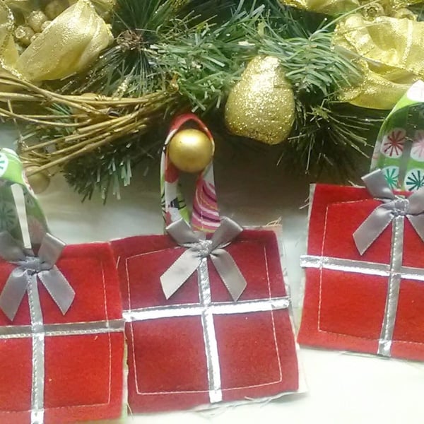 Set of Three Silver Trim Red Felt Christmas Tree Decorations, Fabric Present Tre