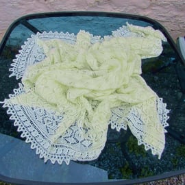 Lemon Babies Shawl, Olive Leaf Design, Hand Knit, 3ply, 53" square