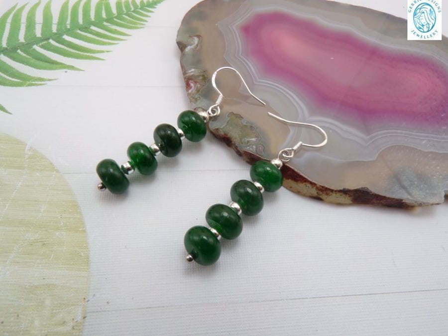Pair of Green Rondelle Beads, Sterling Silver Earrings