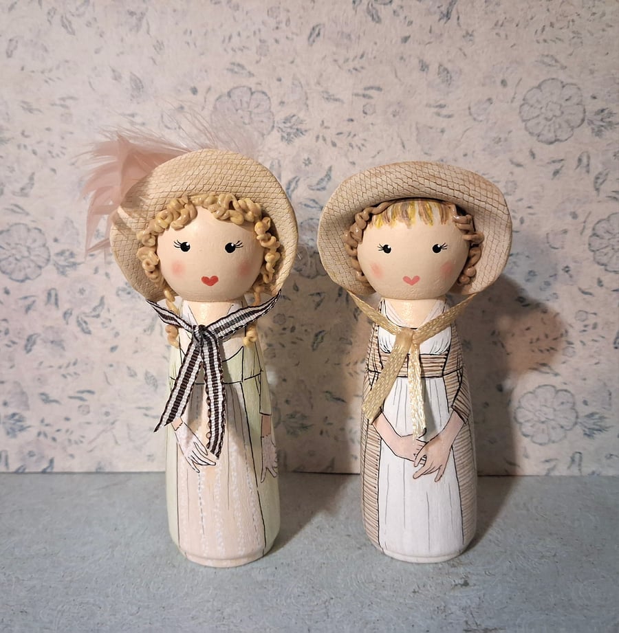 Elinor and Marianne Sense & Sensibility hand painted peg doll.