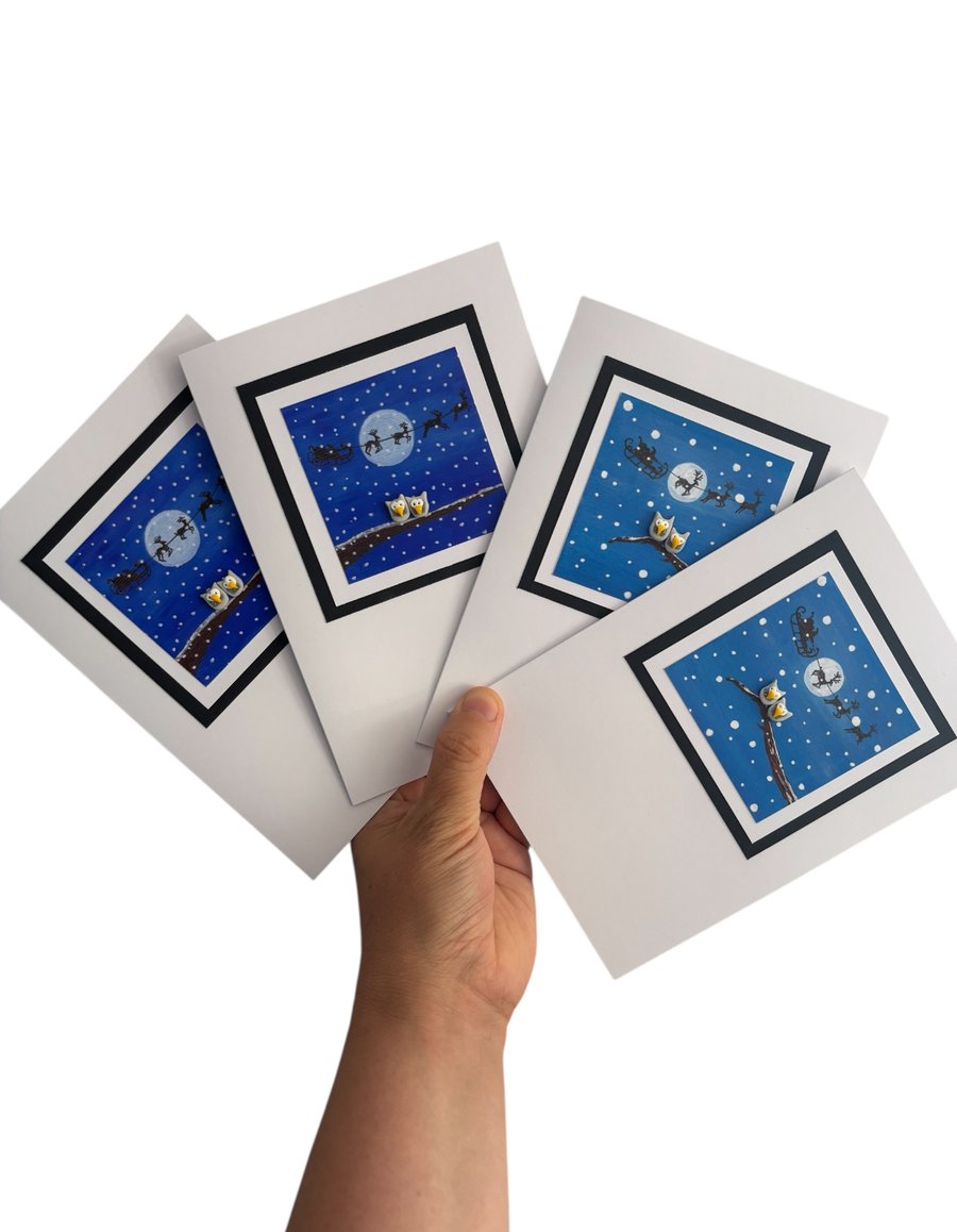 Set of 4 Little Owl Christmas or Winter Cards 