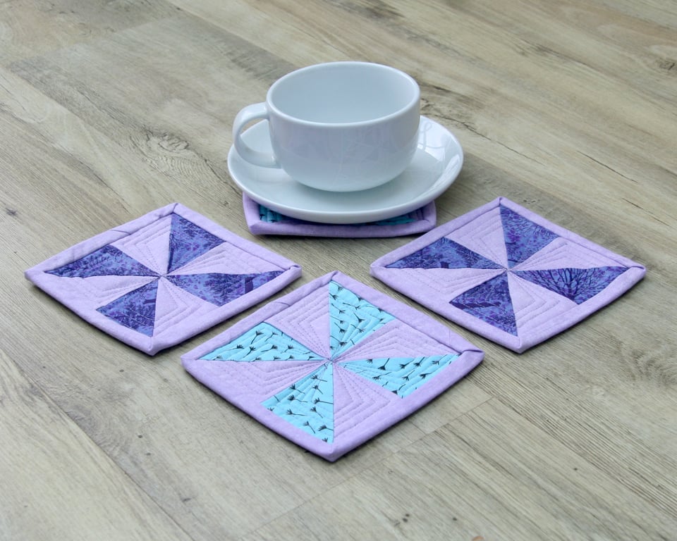 Set of Four purple and blue quilted coasters