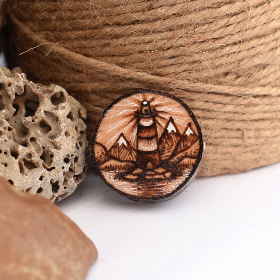 Lighthouse shining, wooden tree slice pyrography brooch. Rustic branch pin.