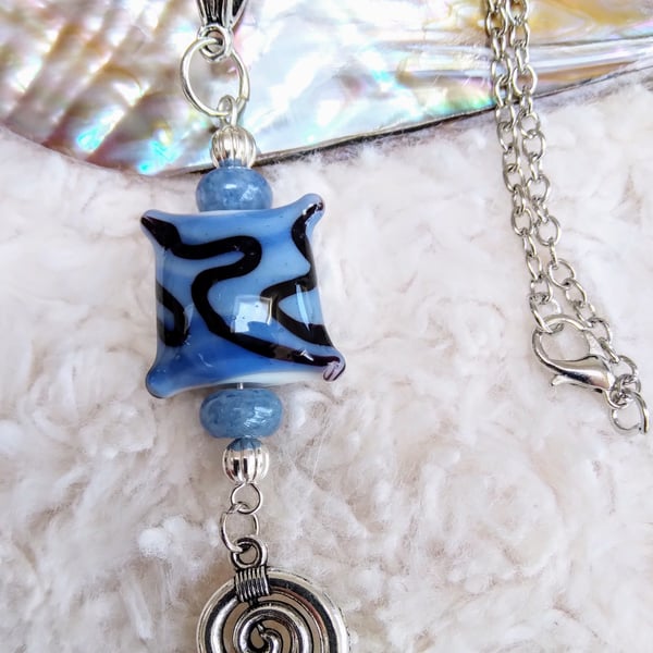 Hand-made LAMPWORK glass focal bead with blue AVENTURINE beaded silvery NECKLACE