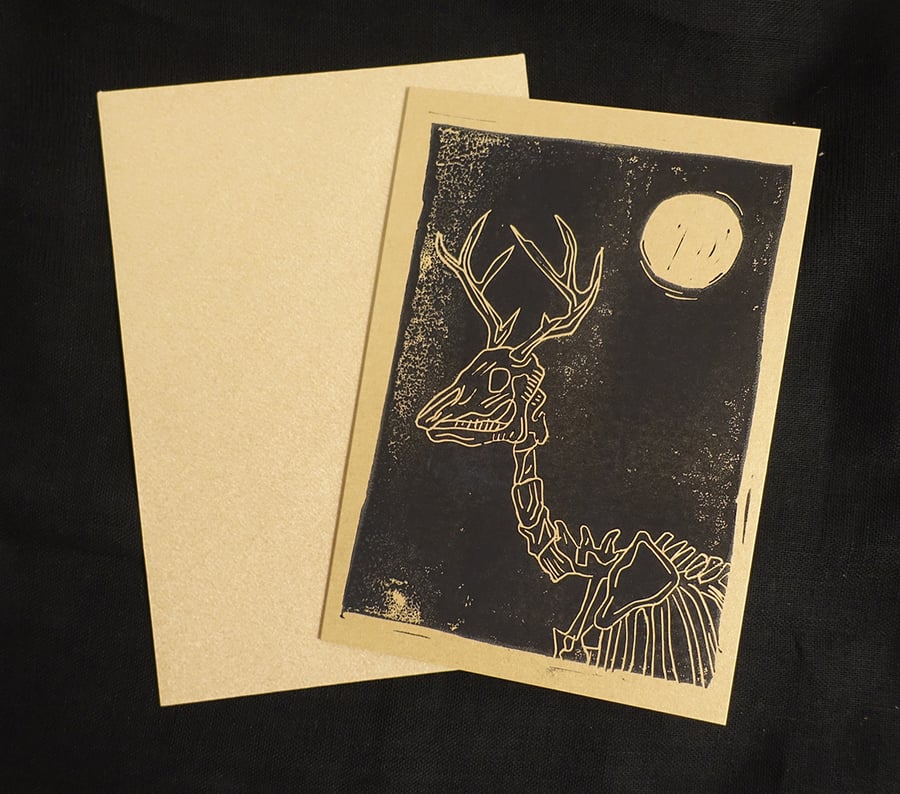 Skeletal Reindeer Alternative Christmas Card, Lino Print, Black Gold, A6 Print