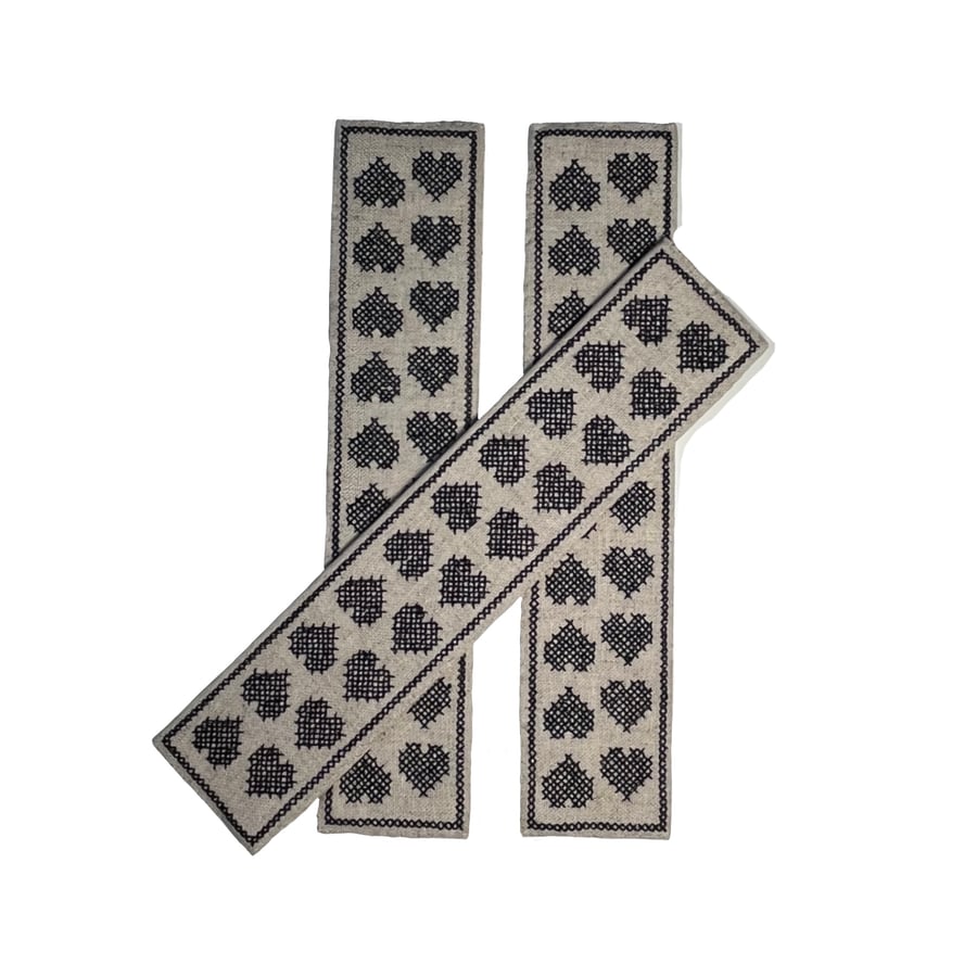 Black Hearts Linen Bookmark: Cross Stitch Textile Gift