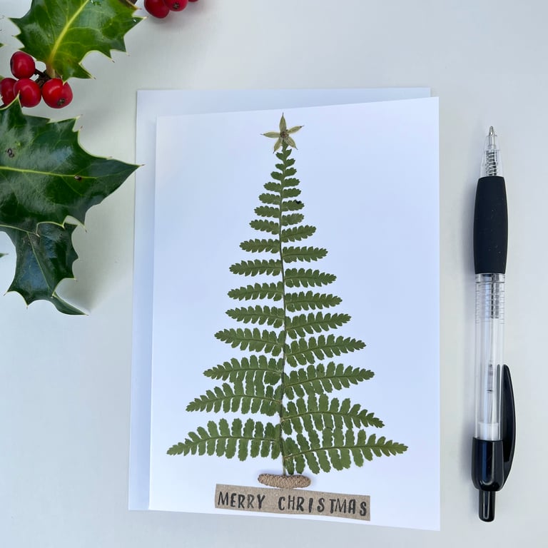 Handmade Pressed Fern Christmas Tree Card