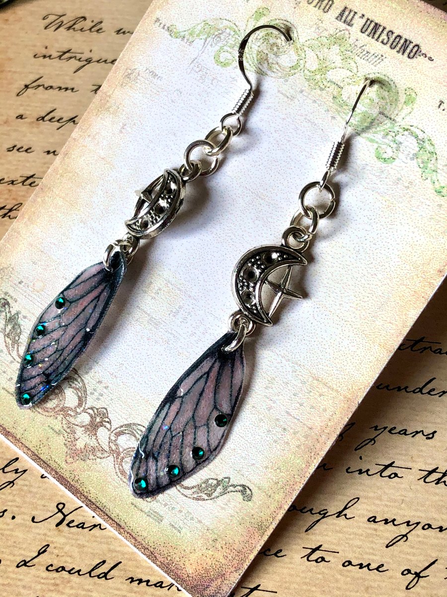 Moon and Stars Black Fairy Wing Earrings With Green Swarovski Sterling Silver