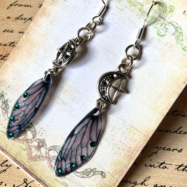 Moon and Stars Black Fairy Wing Earrings With Green Swarovski Sterling Silver