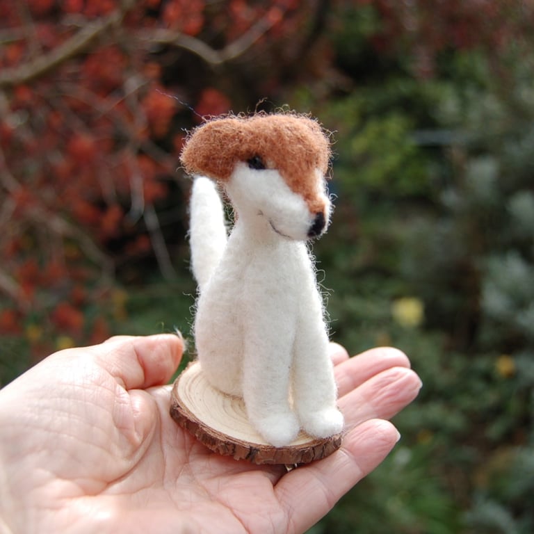 Needle felt white and brown dog, 9 cm tall, wool dog, Jack Russell Dog