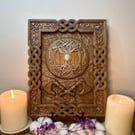 Viking Tree of Life Wooden Plaque – Celtic Knotwork & Crossed Axes Hand-Carved 