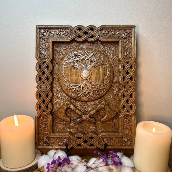 Viking Tree of Life Wooden Plaque – Celtic Knotwork & Crossed Axes Hand-Carved 