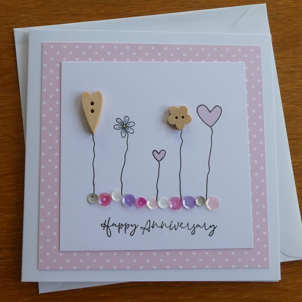 Happy Anniversary Card - Hearts, Flowers and Sequins - Pastel Pink