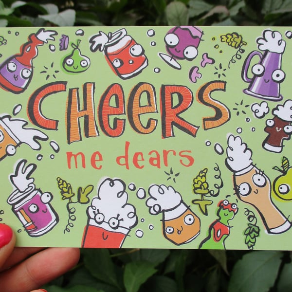 A6 “Cheers Me Dears” Thank You Postcard with cheery beers