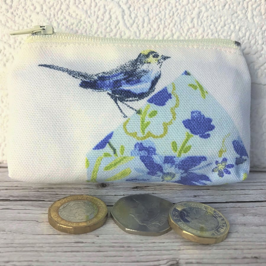 Small purse, coin purse with blue bird and floral patterned birdhouse