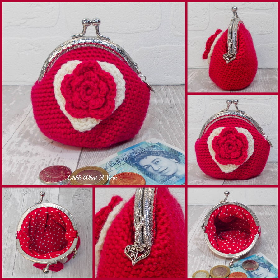 Red hearts and flowers crochet, crocheted coin purse.