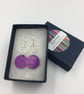 Dark pink circle dangly earrings with leaf print and recycled silver ring  - Image 4