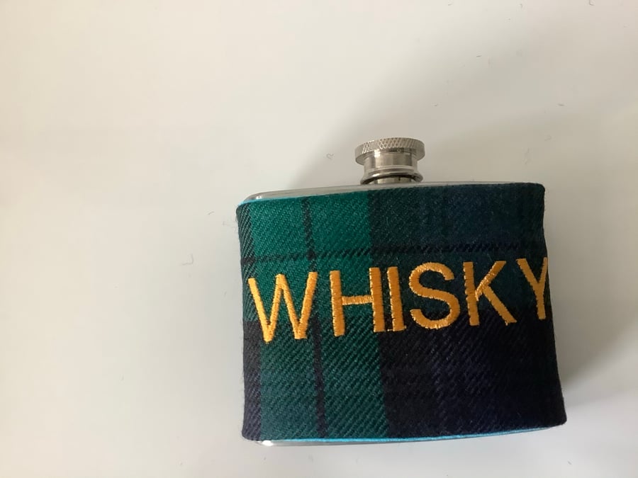 Green Scottish wool Tartan with Whisky 4oz Hip flask , Ideal Christmas  gift,