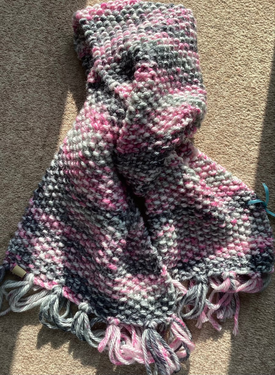 Hand Knitted Scarf in Pink Grey and White