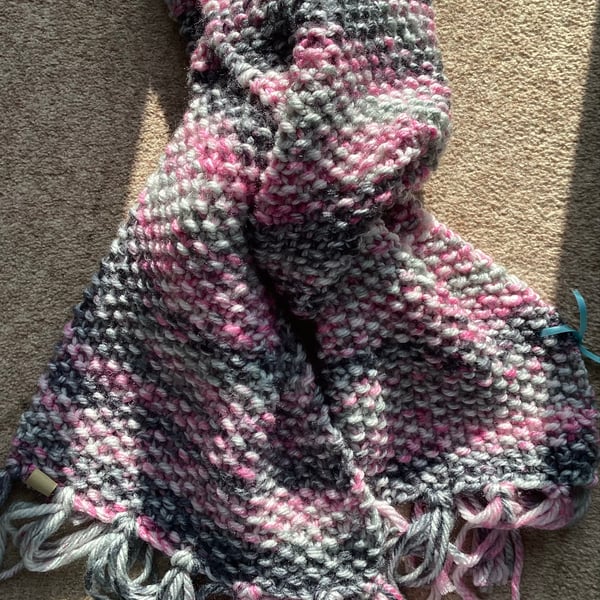 Hand Knitted Scarf in Pink Grey and White