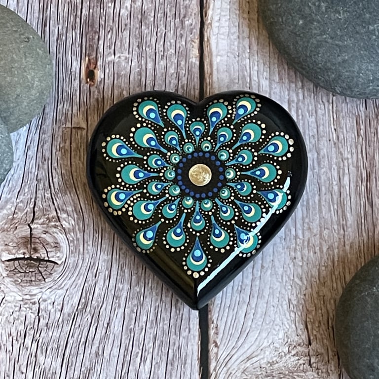 Green & Blue Peacock Feather Heart Mandala Dot Art Stone Hand Painted Unique