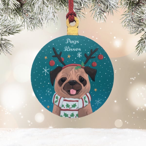 Pugs and Kisses Christmas Pug Dog Hanging Tree Ornament Decoration