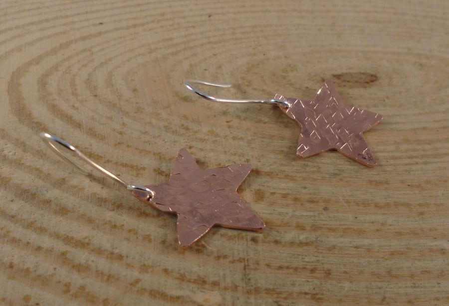 Sterling Silver and Copper Hammered Star Earrings