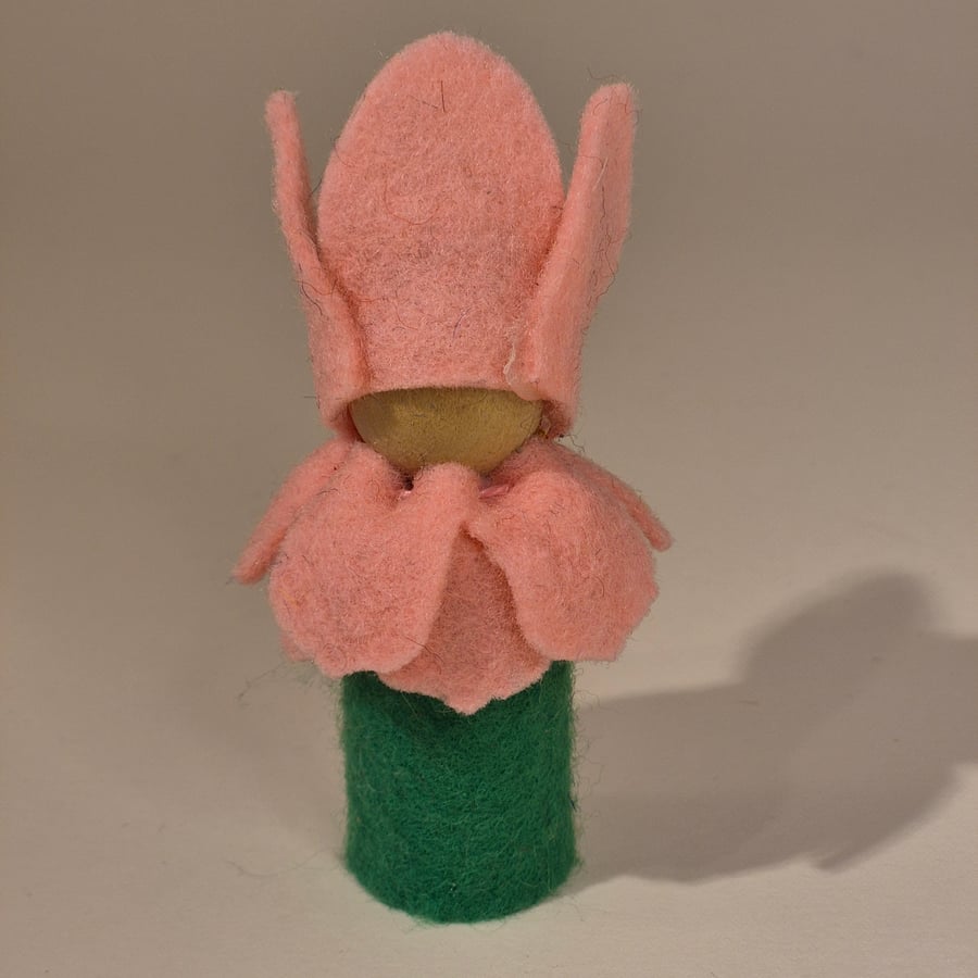 Medium spring pink & green wood and wool felt gnome