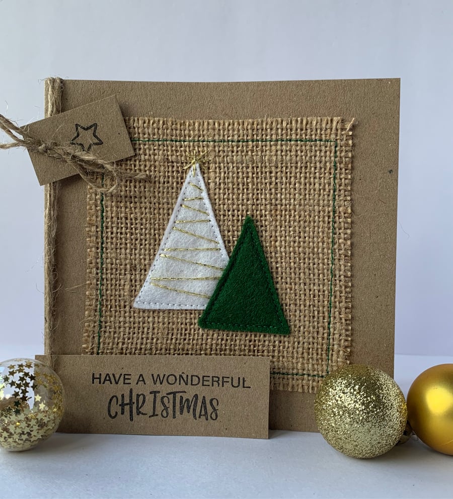 Handmade Christmas Card. Festive trees with gold sparkle. Christmas greetings. 