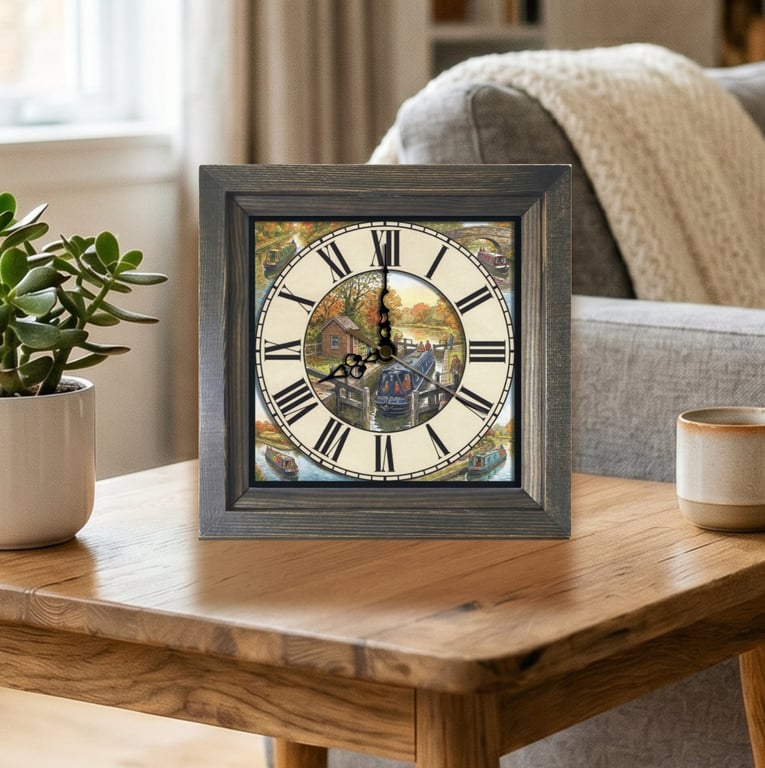 Vintage Style Canal Narrowboat Scene Square Wooden Wall Clock - Handmade 8x8" 