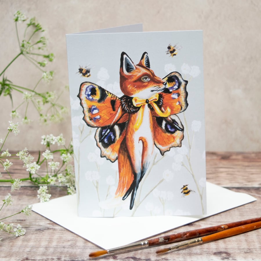 Greeting card of Kevin the peacock butterfly fox. A6