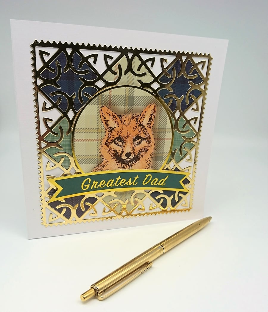 "Greatest Dad" Birthday Card Celtic Design, Scottish Tartans, Fox FREE P&P U.K. 