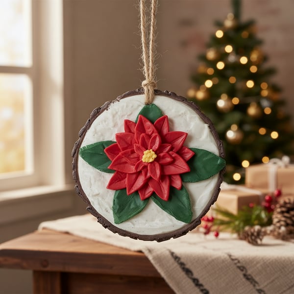 Poinsettia Log Slice Christmas Decoration hanging tree or home decoration