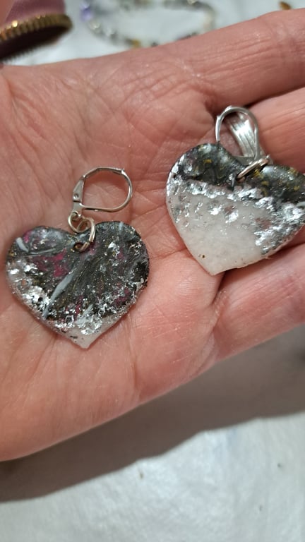 Heart shaped polymer clay earrings black, white, red, gold and silver