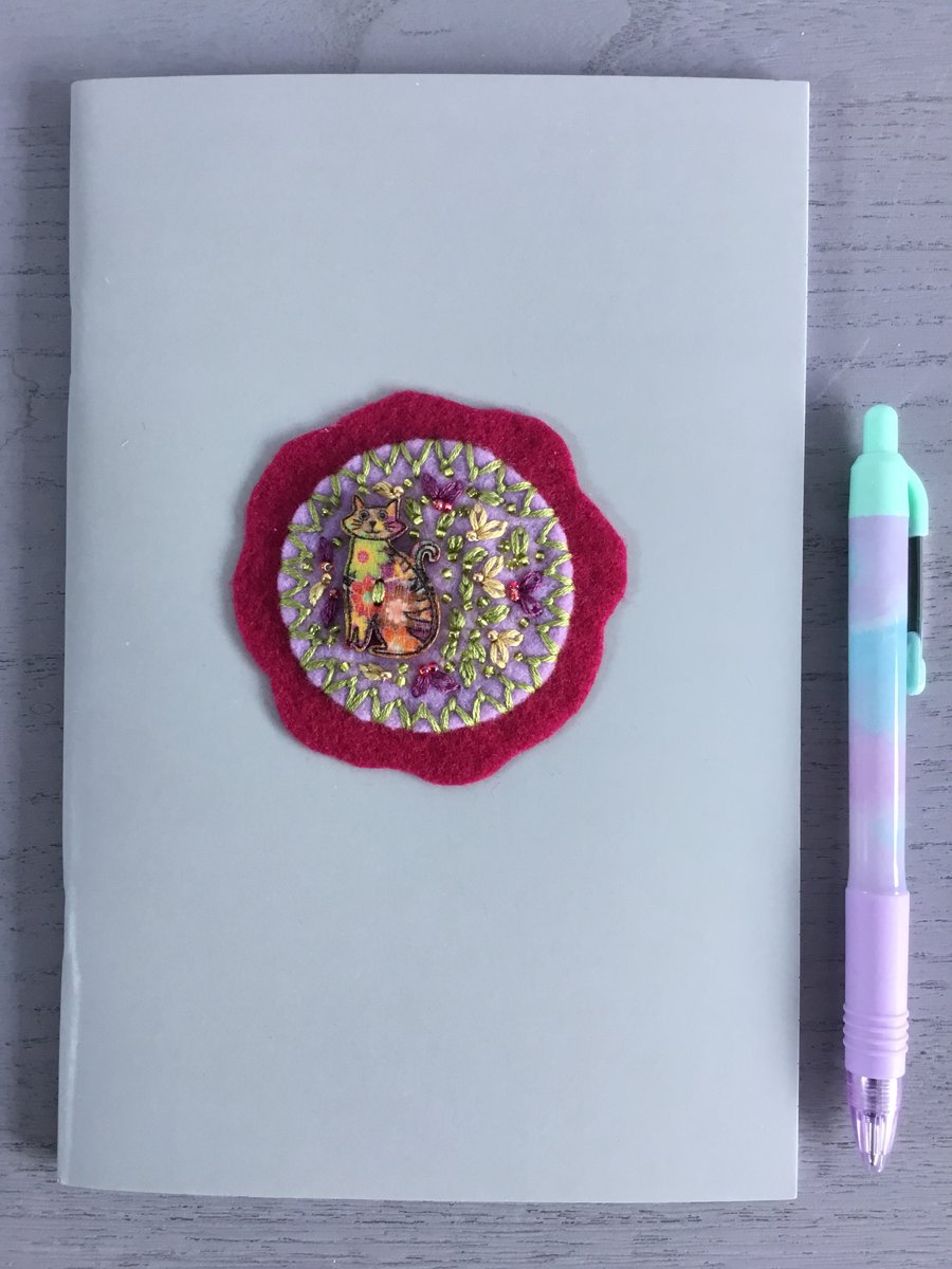 Hand Embroidered Cat Notebook and Pen Set