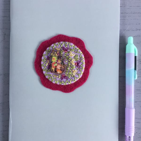 Hand Embroidered Cat Notebook and Pen Set