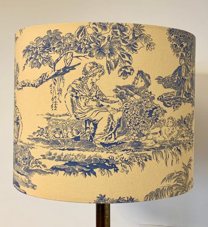 Cottage Core Cream Blue Toile de Jouy Romantic Country View Fabric Lampshade