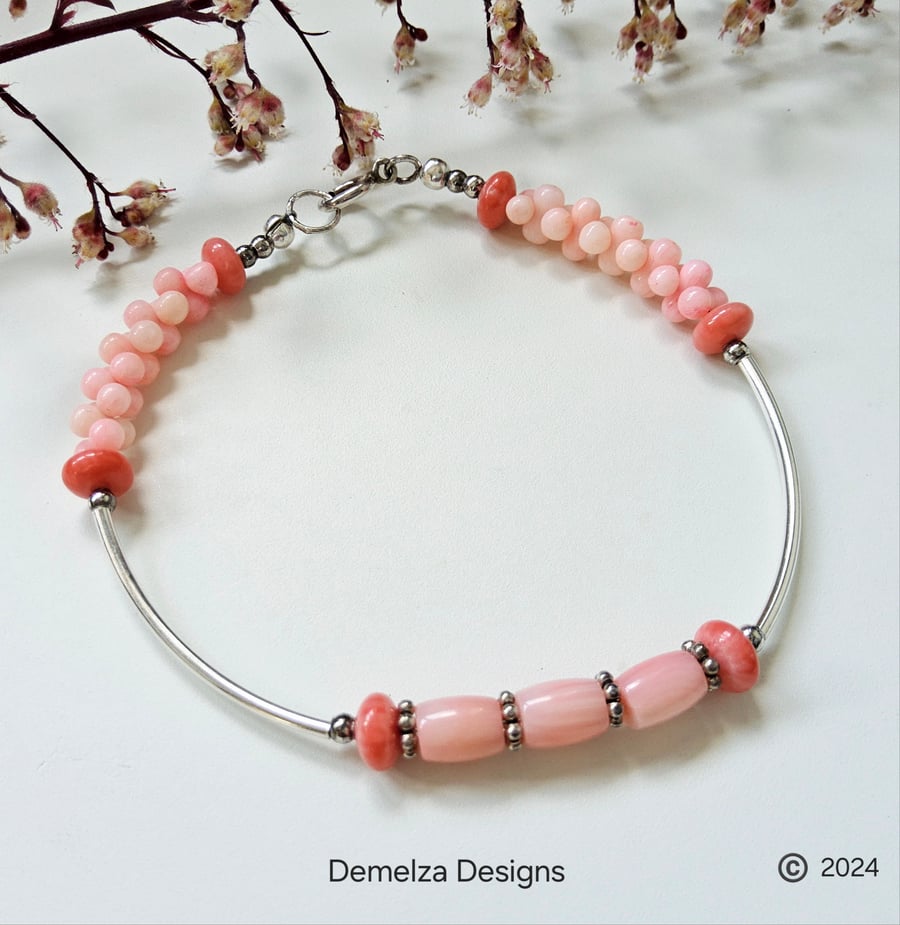 Natural Peach Coral Eco Friendly Noodle Style Sterling Silver Bracelet 