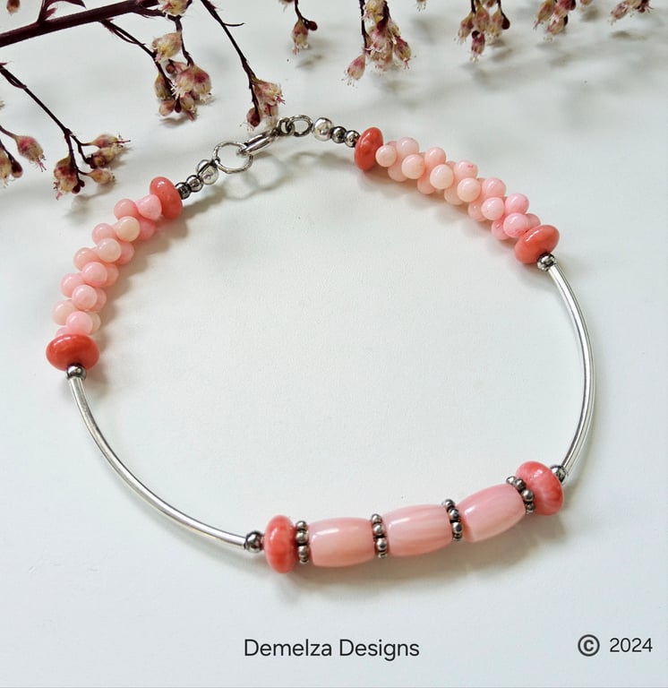 Natural Peach Coral Eco Friendly Noodle Style Sterling Silver Bracelet 