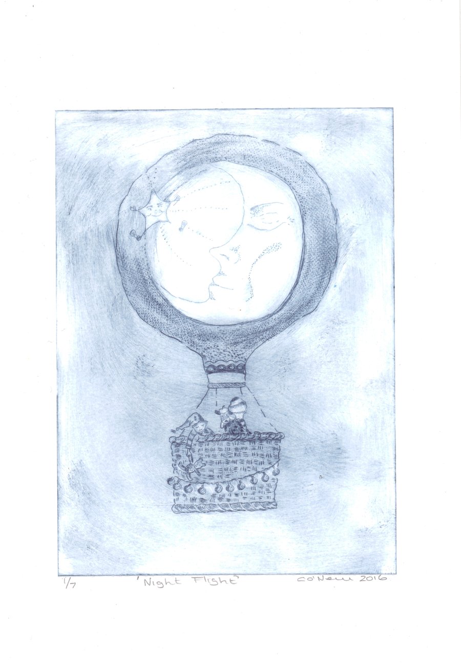 A night time Balloon  Adventure   - Drypoint Etching  Original etching