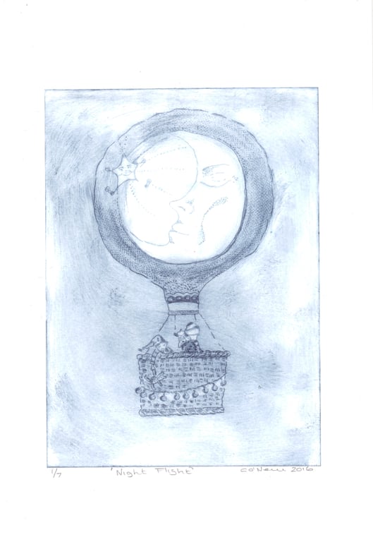 A night time Balloon  Adventure   - Drypoint Etching  Original etching