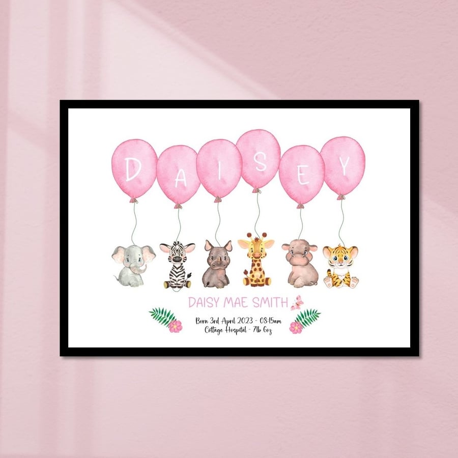 Personalised Baby or Child Name Print with jungle animals and balloons 
