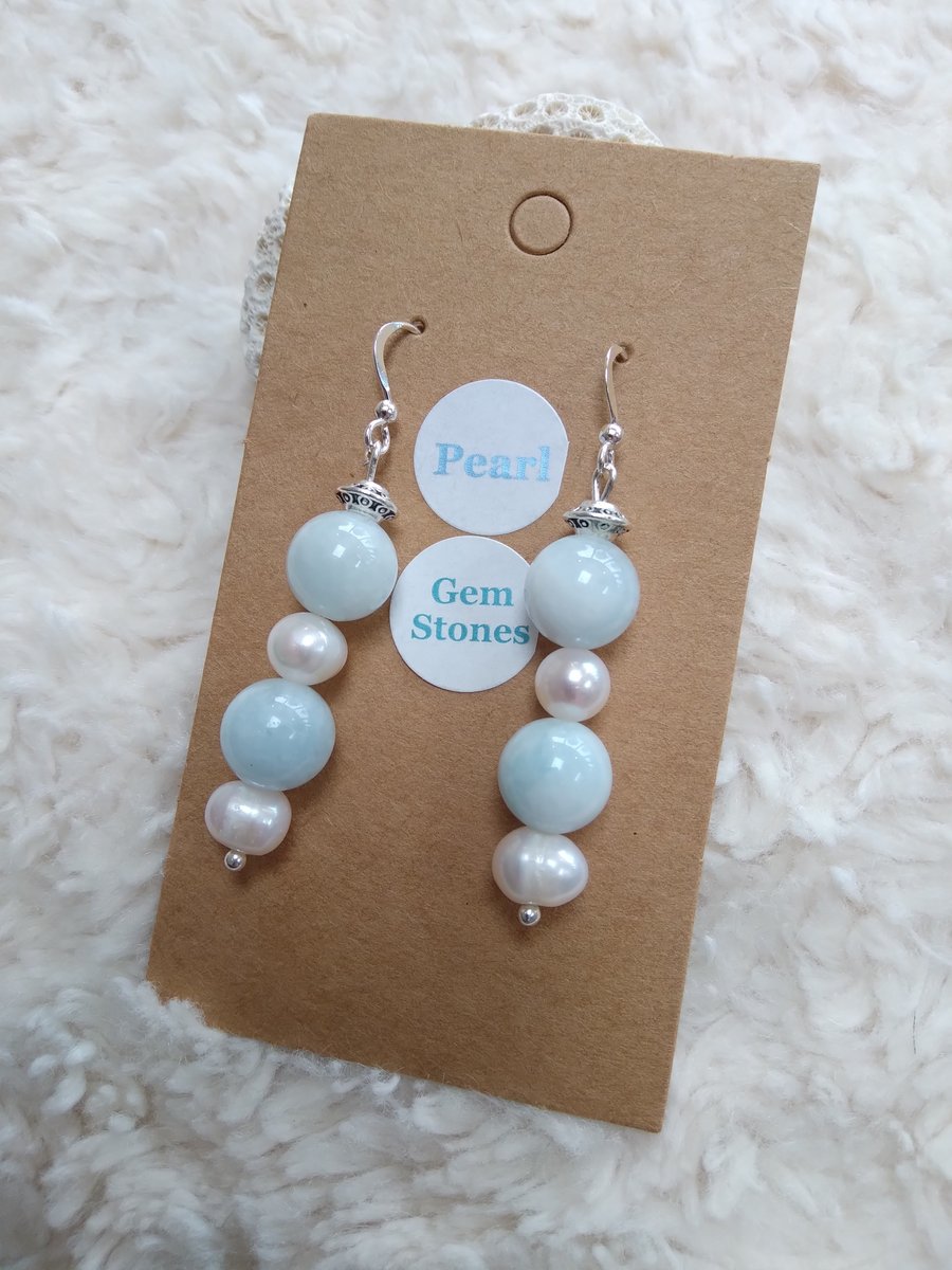 Pale AQUAMARINE and Freshwater Pearls silvertone dangly EARRINGS