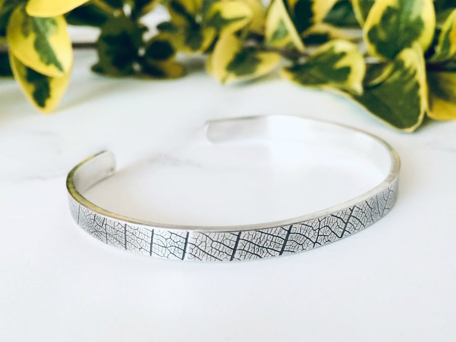 Sterling Silver cuff, leaf print, organic texture, inspired by nature
