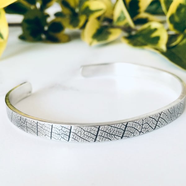 Sterling Silver cuff, leaf print, organic texture, inspired by nature